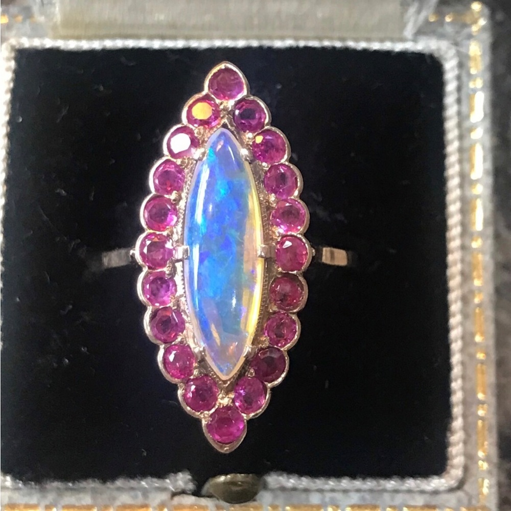 Antique 9ct Opal and Ruby Navette Ring